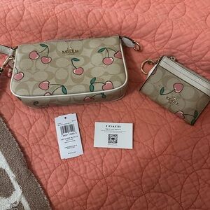 Coach Beige Cherry Print Clutch and Wristlet Set